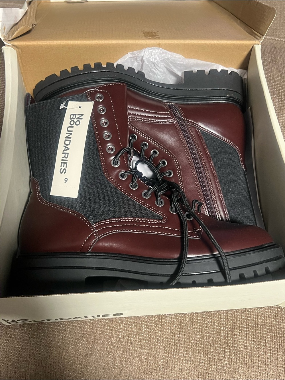 No Boundaries Burgundy and Black Lace-Up Combat Boots with Side Zipper